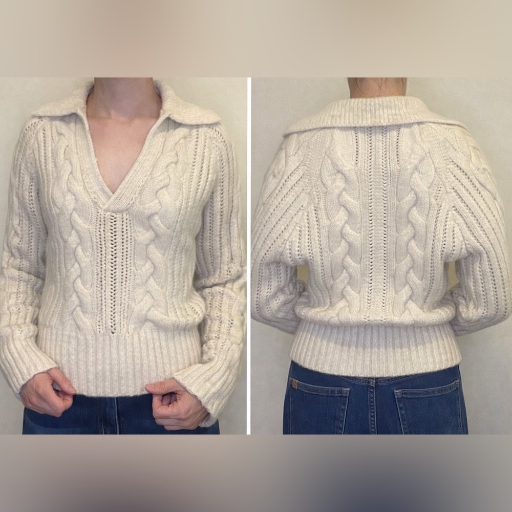 Dynamite V-Neck Cable Knit Sweater in Cream